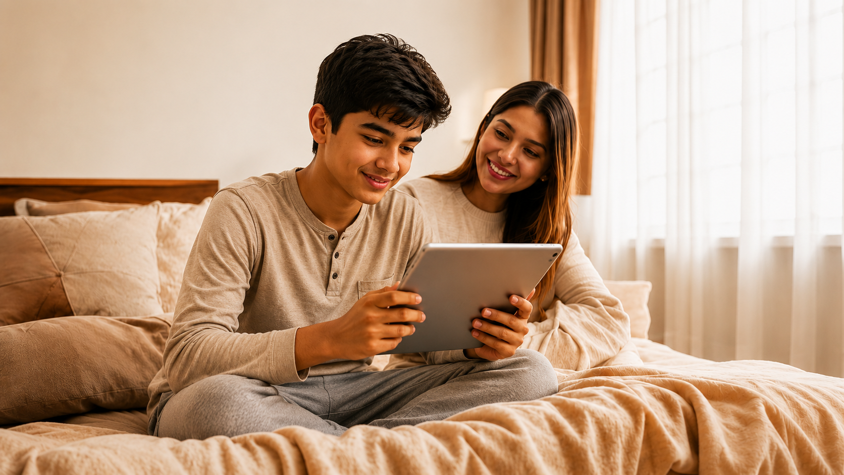 A child practising foundational skills on a tablet with a parent at home