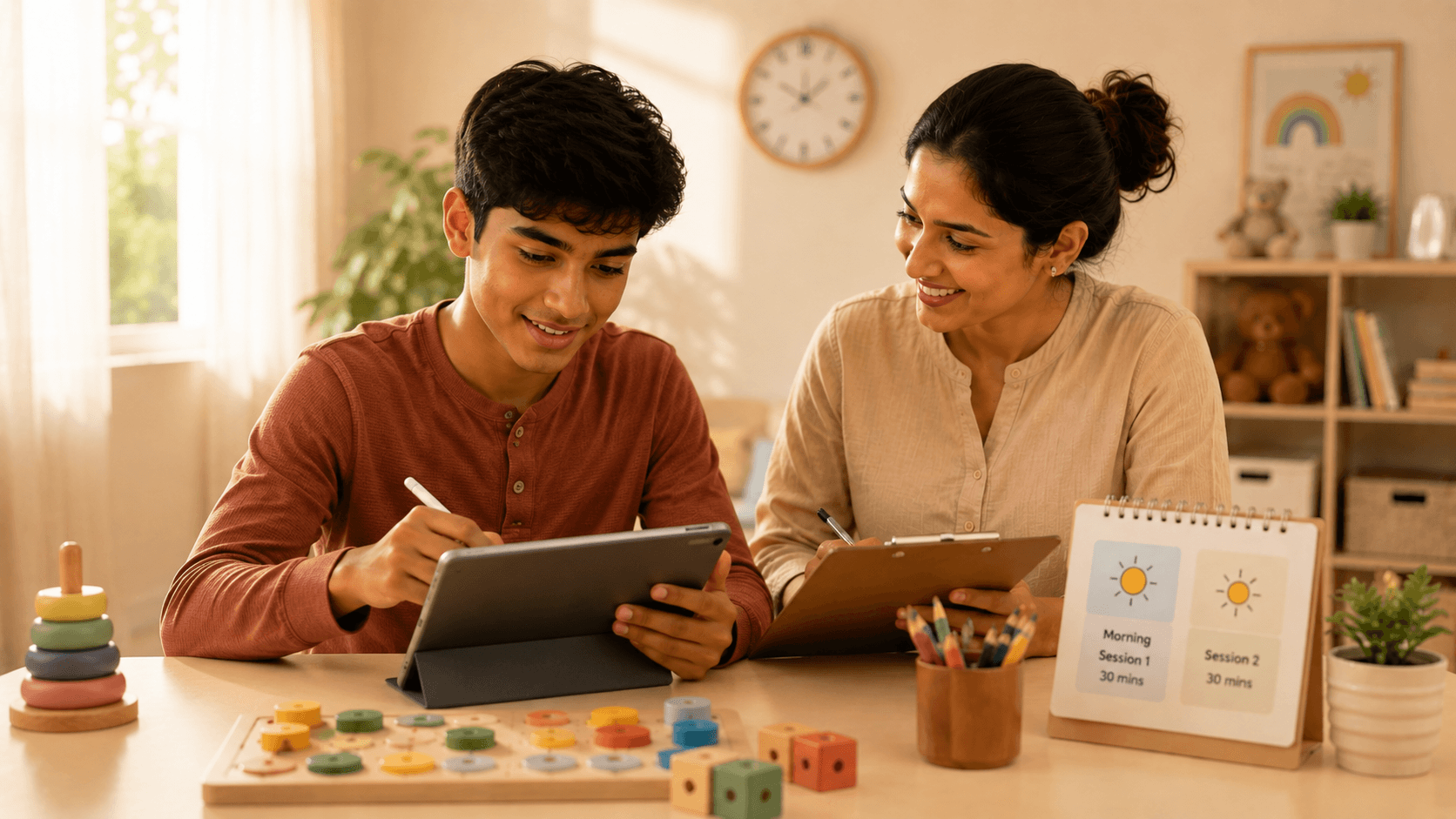 A parent and child using Jadhu's progress dashboard at home