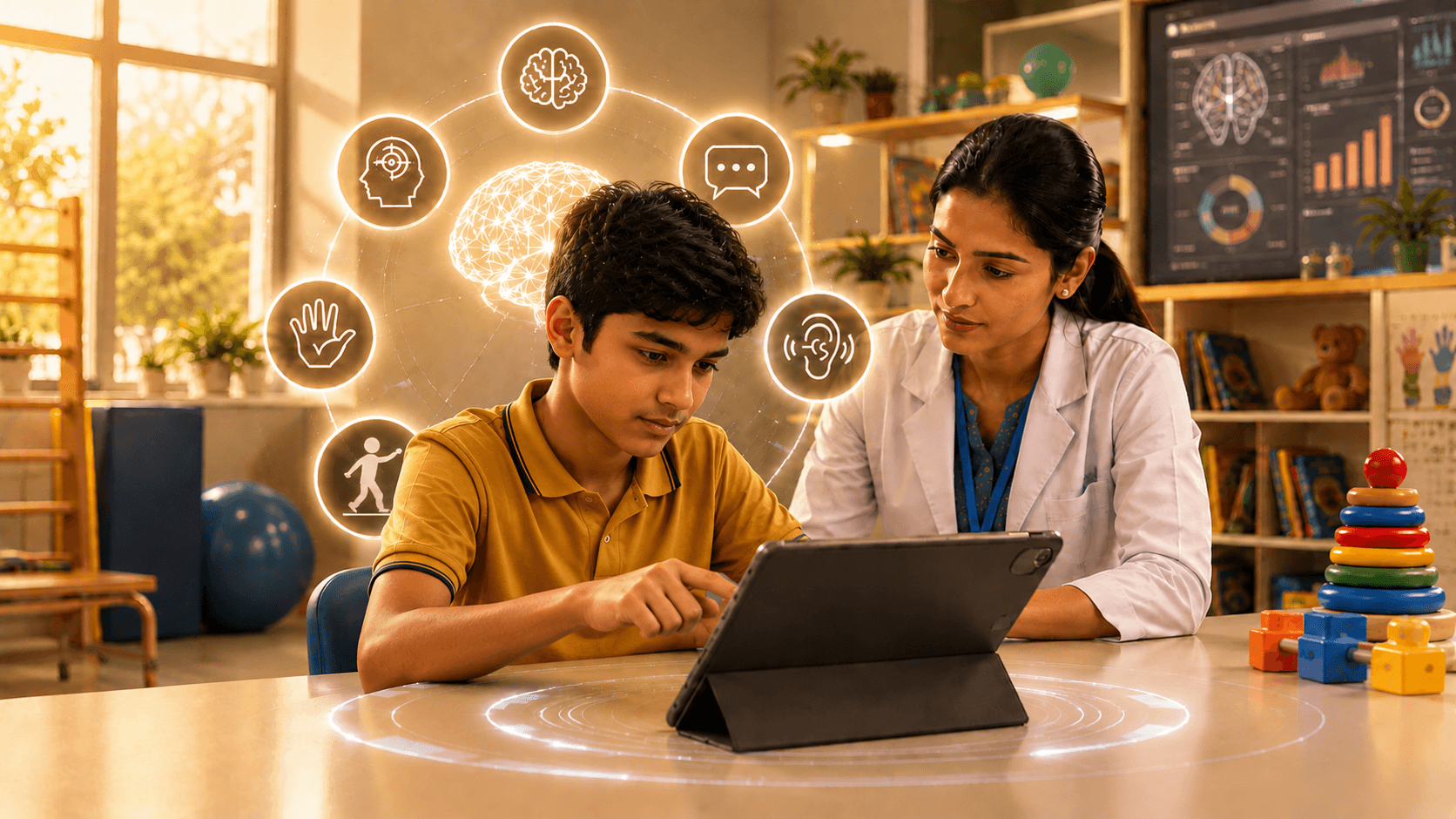 A clinician and a learner with icons representing attention, communication and regulation